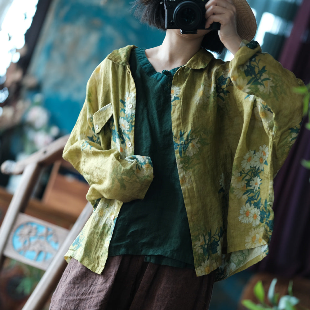 Vintage Yellow Digital Print Pure Ramie Shirt, Summer Loose Casual Shirt 240621