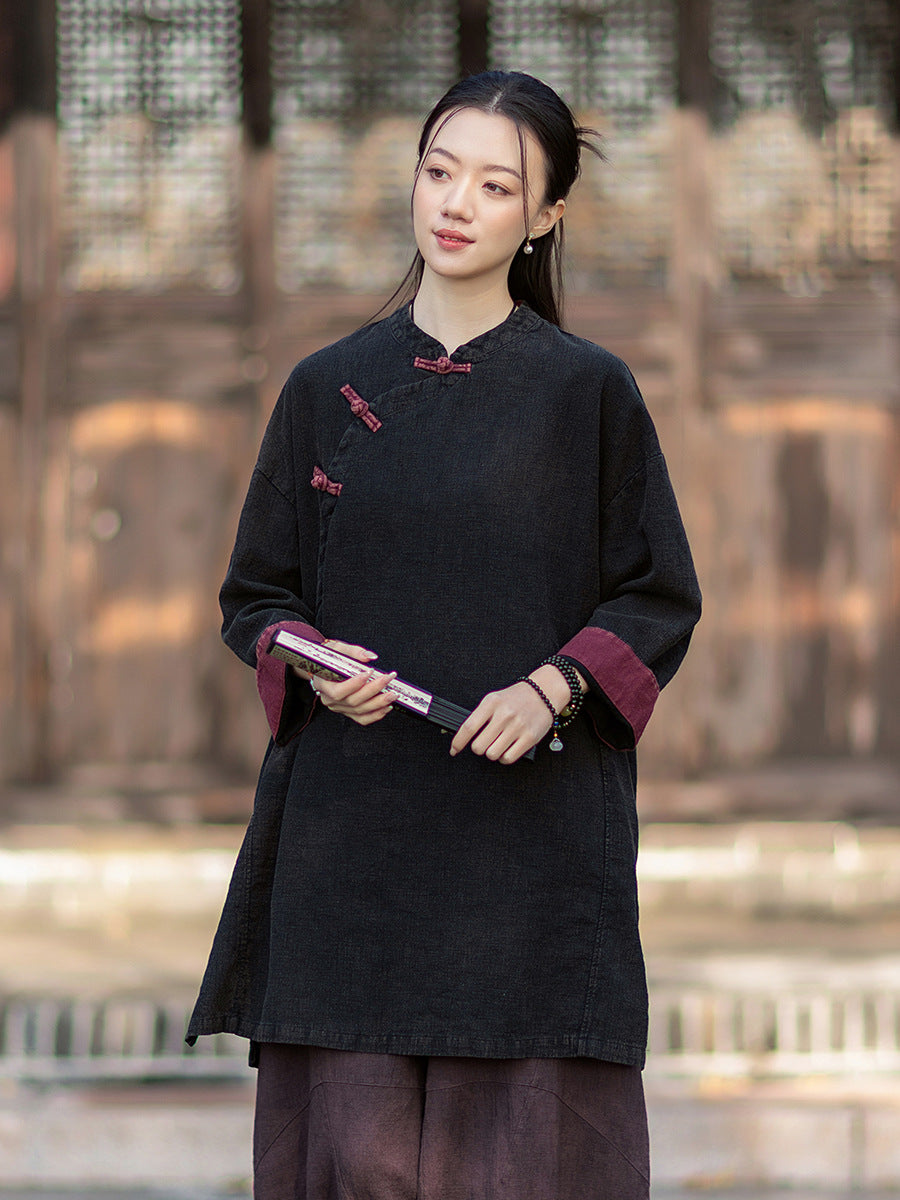 2026 Spring New Arrival: Retro Cotton-Linen Chinese-Style Stand-Collar, Color-Blocked, Button-Fastened, Wrap-Front Blouse for Women – Zen Tea Attire