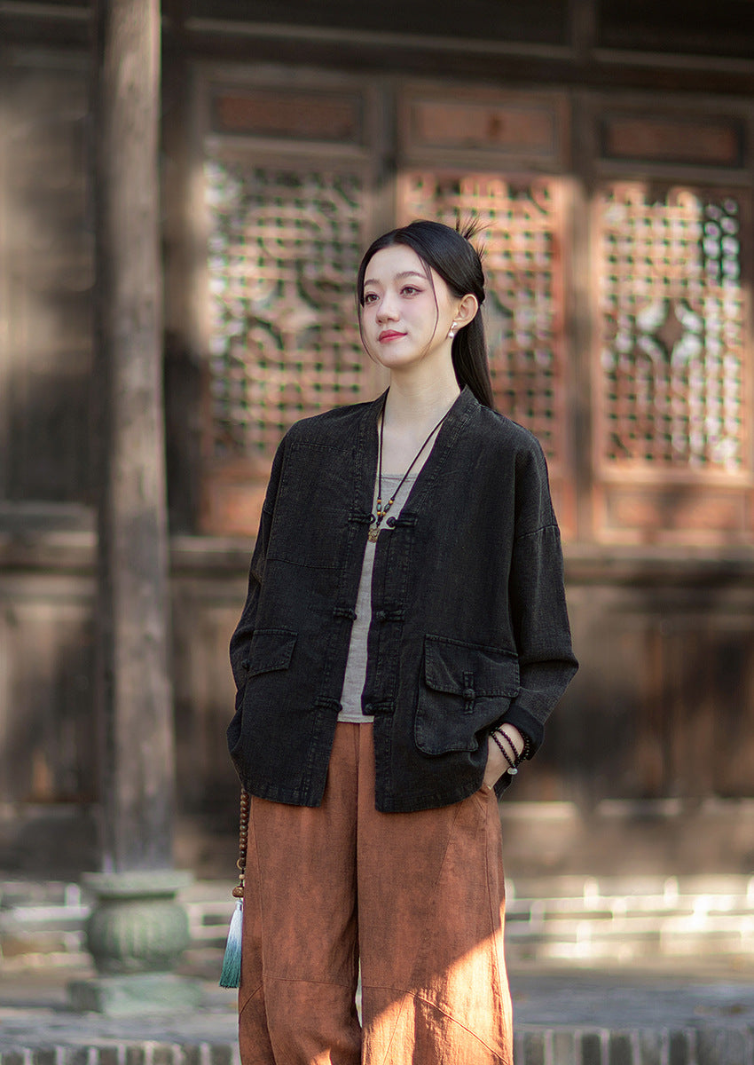 2026 Spring New Arrival: Vintage-inspired, distressed, sand-washed asymmetrical cardigan; niche-style patchwork V-neck cotton-linen jacket with button closures