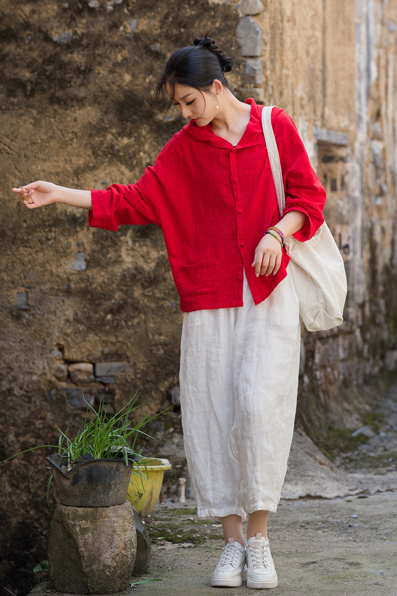 Ladies Summer Chinese Loose Frog Button Hoodie, Vintage Cotton and Linen Casual Shirt 20250604