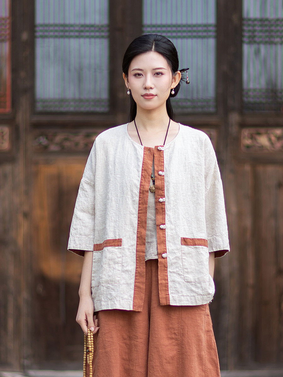 New New Chinese-Style Design: Comfortable, Lightweight Linen Top with Color-Blocked Patchwork and Button-Front Cardigan 20260511