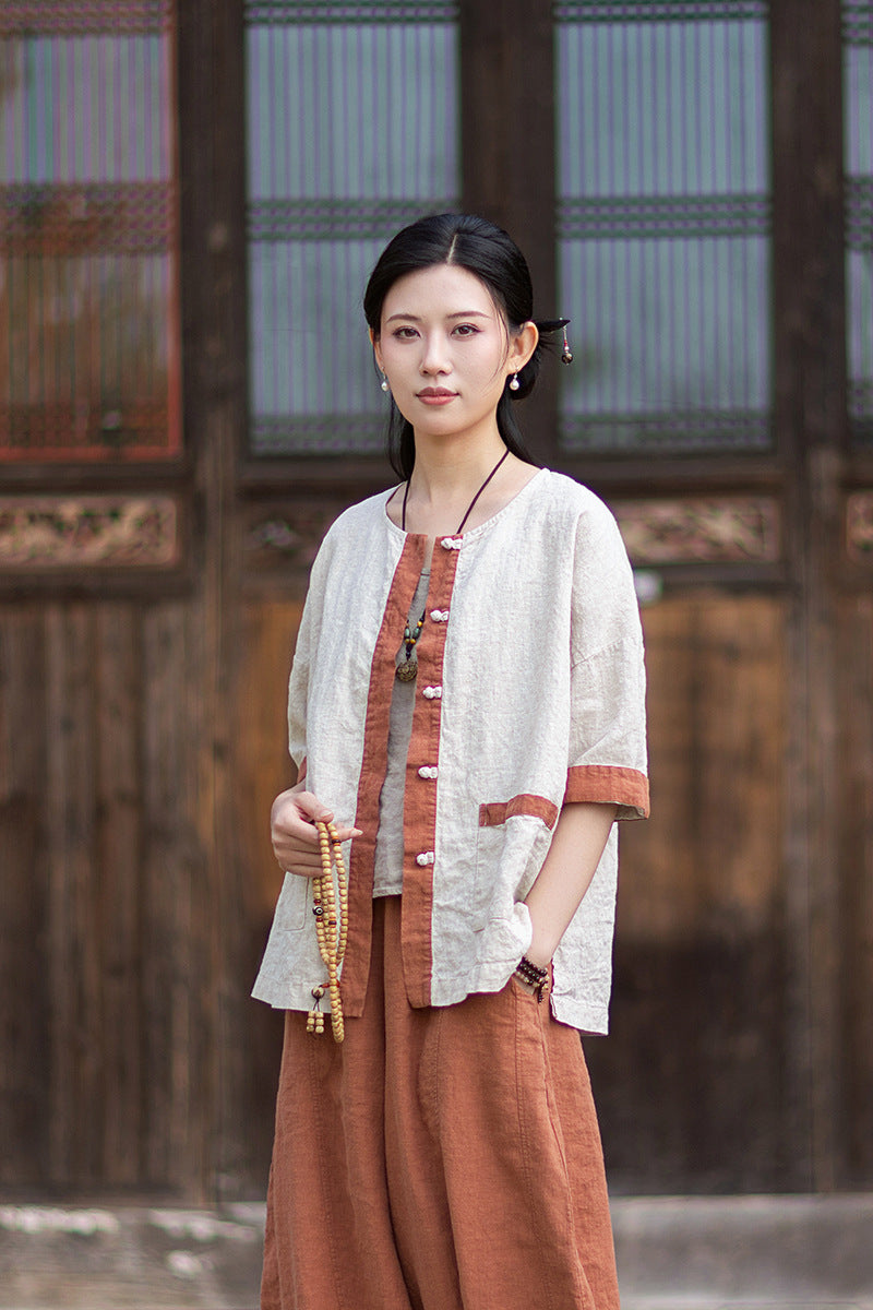 New New Chinese-Style Design: Comfortable, Lightweight Linen Top with Color-Blocked Patchwork and Button-Front Cardigan 20260511