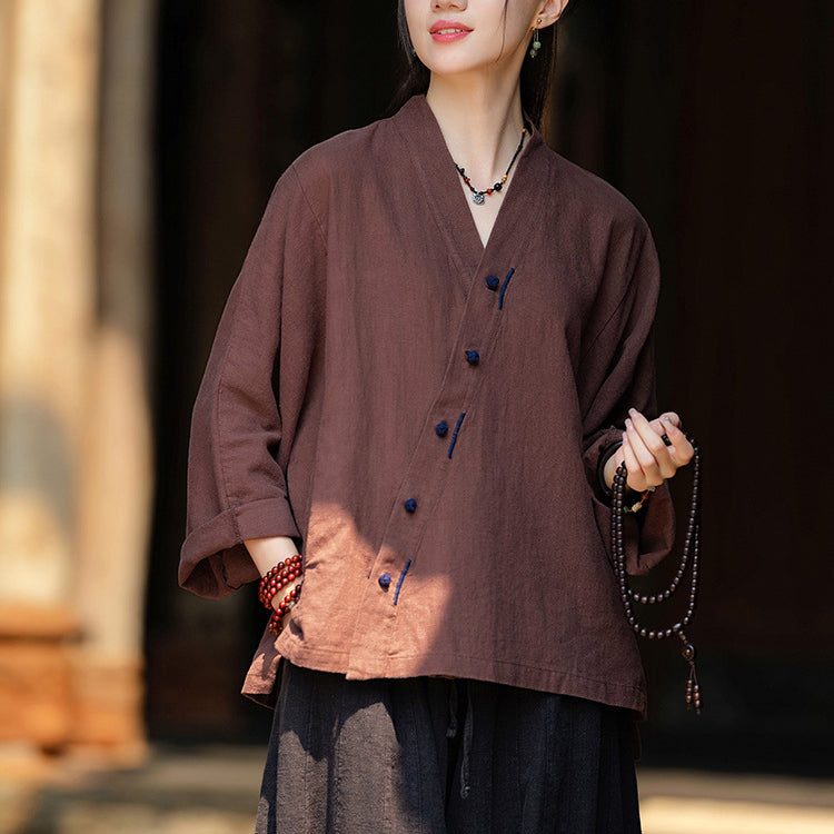 Women's Vintage Chinese Long Sleeve Cotton Linen Shirt with Embroidery V-Neck Loose Kimono 20240920