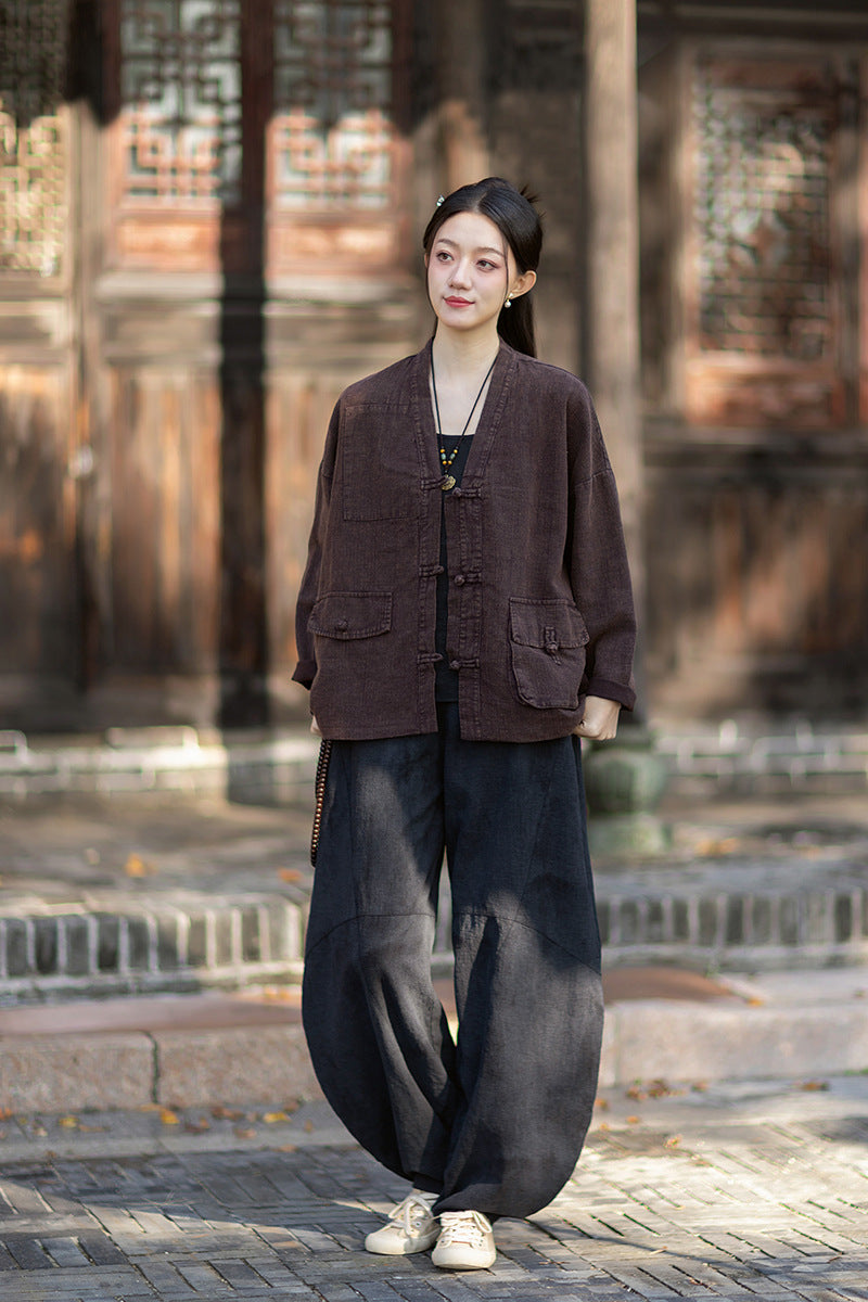 2026 Spring New Arrival: Vintage-inspired, distressed, sand-washed asymmetrical cardigan; niche-style patchwork V-neck cotton-linen jacket with button closures