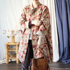 Vintage Chinese Standing Collar Loose Frog Button Shirt, Oversize Printed Cotton  Linen Jacket 20250408