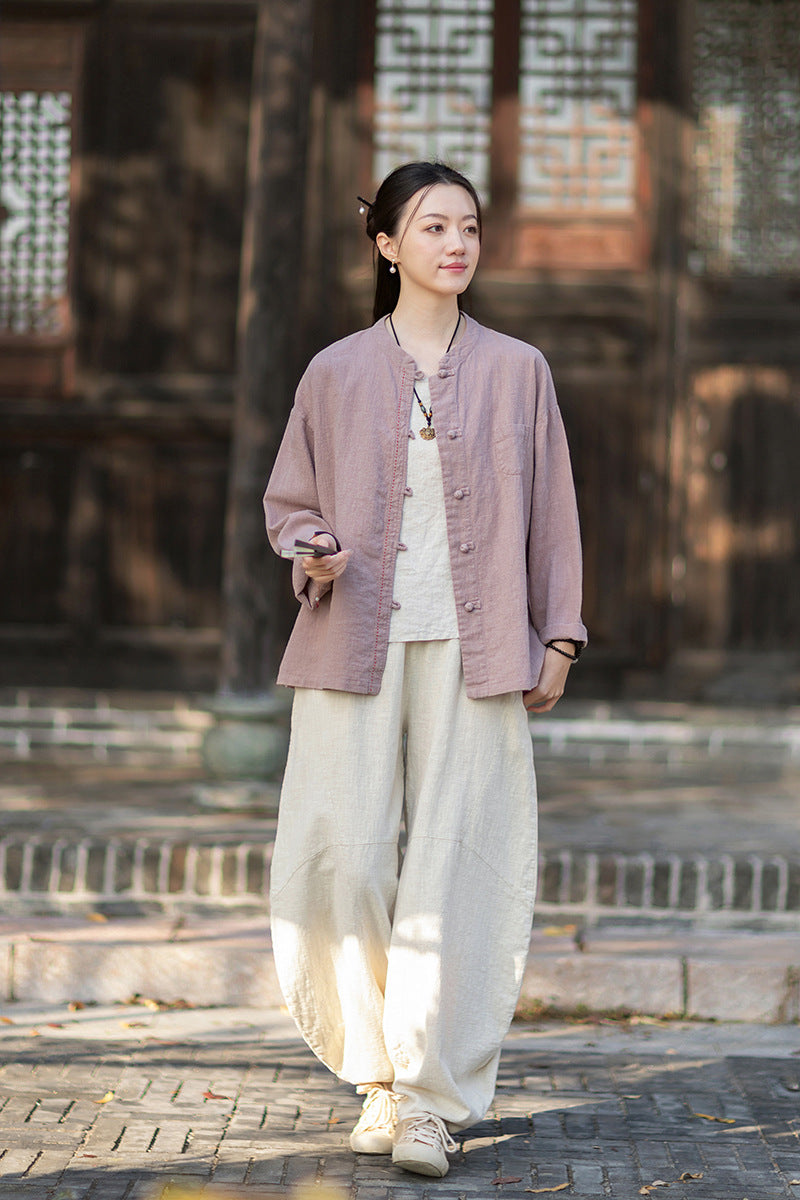 2026 Spring Cotton-Linen Women's New Chinese-Style Ramie Blouse, Loose-Fitting Cotton-Linen Button-Down Shirt with Chinese-Style Buttons, Modernized Tang-Style Jacket