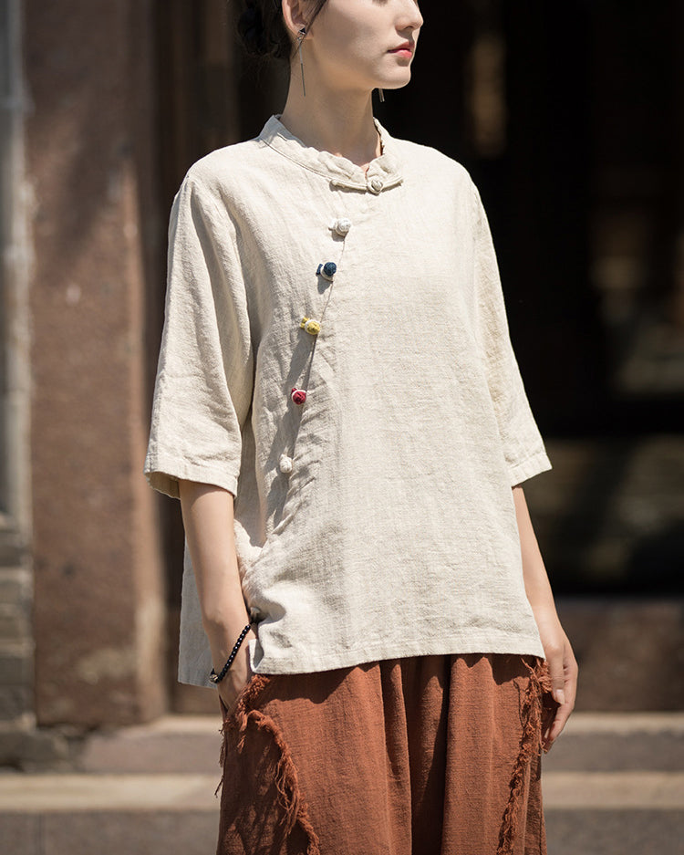 Summer Chinese Tops, Ramie Lapel Vintage Summer Tea Clothes Short Sleeve Shirt，Frog Button Round Collar Shirt