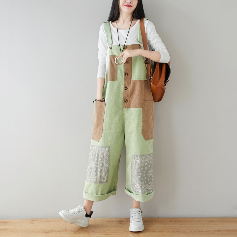 Patchwork cotton overalls, women's printed denim overalls, stonewashed loose overalls