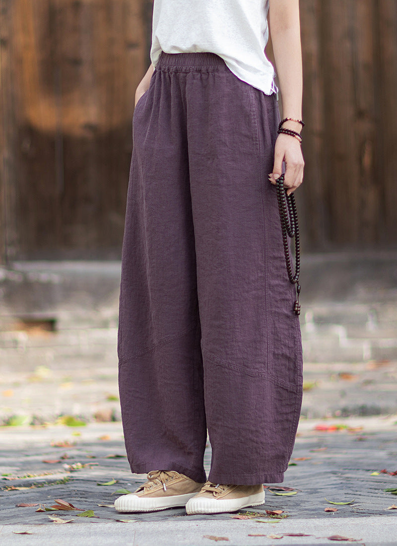 New Summer Arrival: Women's Artistic-Style Lightweight Linen Casual Pants with Elastic Waistband, Sandwashed, Distressed, Patchwork, and Cropped Bell-Bottom Design 20260511