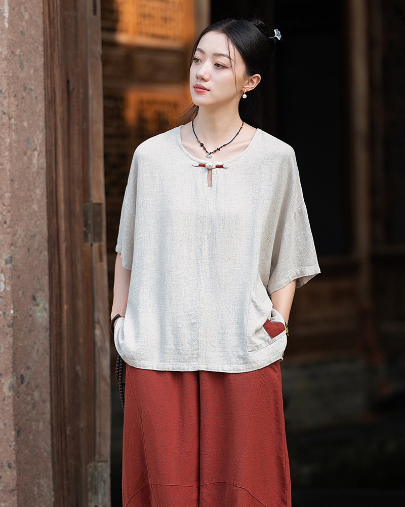 Frog button V-neck patchwork cotton  linen T-shirt, summer Chinese retro women sandwashed loose cotton  linen T-shirt 20240728
