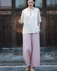 Frog Button Cotton  Linen Shirt, Summer Chinese Vintage Women Sandwashed Cotton  Linen T-shirt 20240728