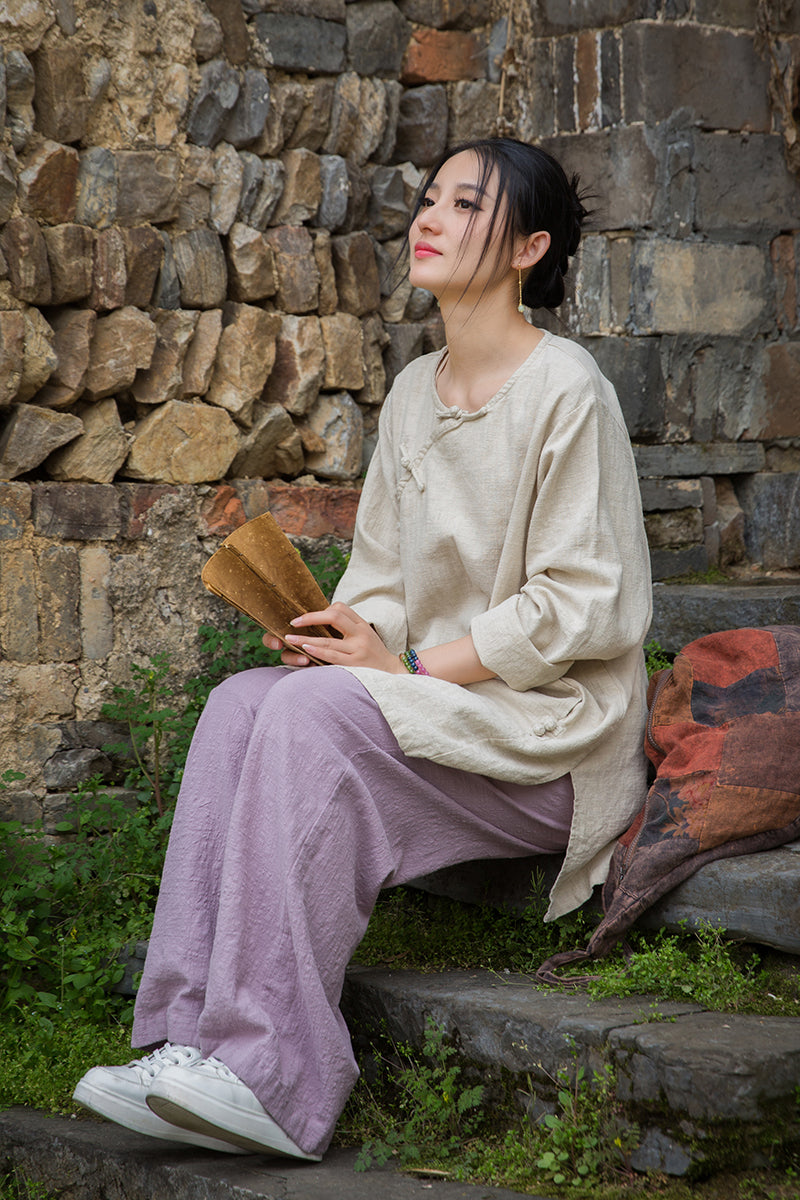 Vintage Summer Chinese Boat Collar Long Sleeve Shirt, Cotton  Linen Washed Frog Long T-Shirt 20250604