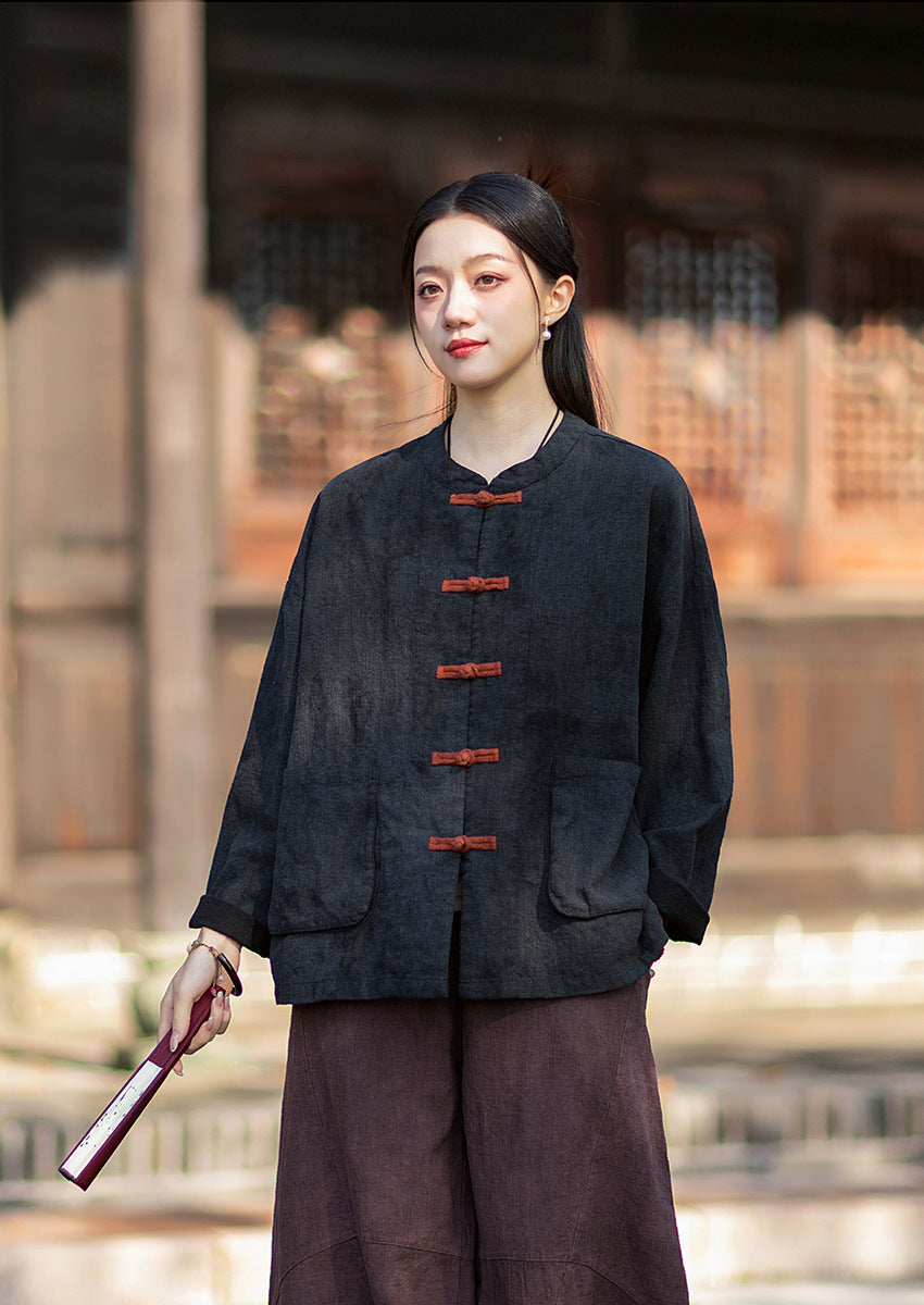 2026 Spring New Arrival: Vintage-inspired, distressed, sand-washed asymmetrical top; niche-style patchwork V-neck cotton-linen button-down cardigan