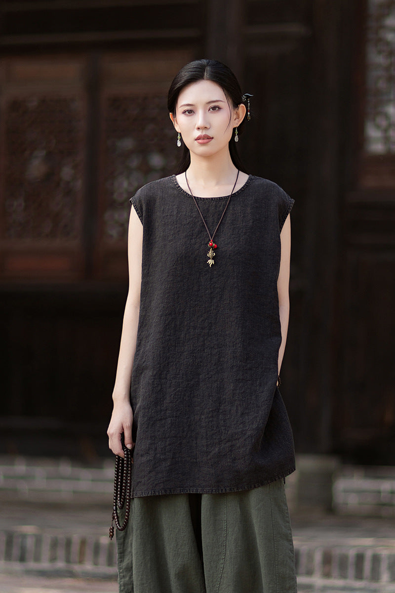 New Vintage-Style Ombré Distressed Versatile Lightweight Sleeveless Dress for Women: Round-Neck Linen Tank Dress 20260511