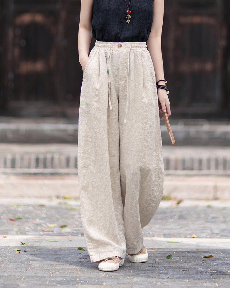 New Summer Collection: Women's Cotton-Linen Artistic and Versatile Casual Linen Pants with Drawstring Elastic Waist, Flowing Silhouette, and Slimming Straight Legs 20260511