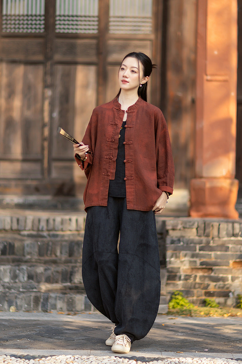 2026 Spring New Arrival: Original Cotton-Ramie Shirt for Women, Vintage Stand-Up Collar Ombré Chinese-Style Wrap-Front Cardigan