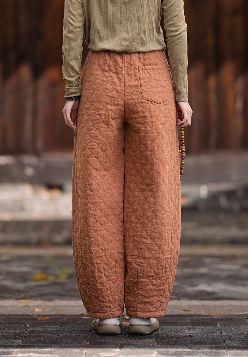 2026 Winter New Arrival: Artistic, Retro, and Zen-Inspired Women's Cotton-Padded Pants for Outdoor Wear—Warm, Cold-Resistant, with Elastic Waist and Bell-Bottom Design