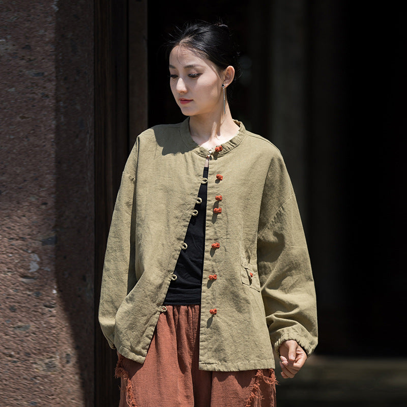 Summer cotton linen Chinese stand-up collar shirt, sandwashed frog button women's long-sleeved shirt 20240714