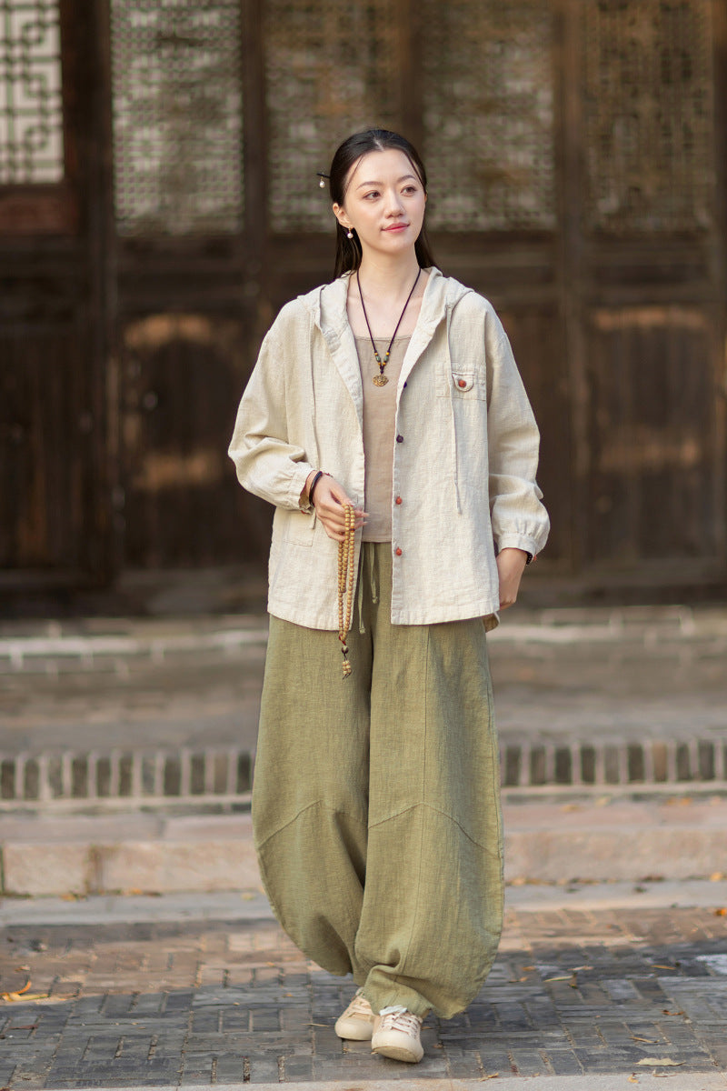 2026 Spring New Arrival: Oversized Casual Hooded Color-Blocked Button-Down Shirt, Women's Sandwashed Cotton-Linen Jacket