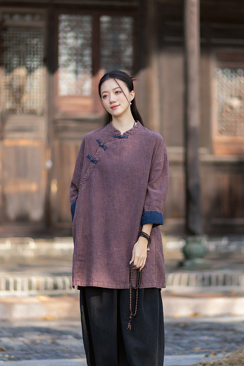 2026 Spring New Arrival: Retro Cotton-Linen Chinese-Style Stand-Collar, Color-Blocked, Button-Fastened, Wrap-Front Blouse for Women – Zen Tea Attire