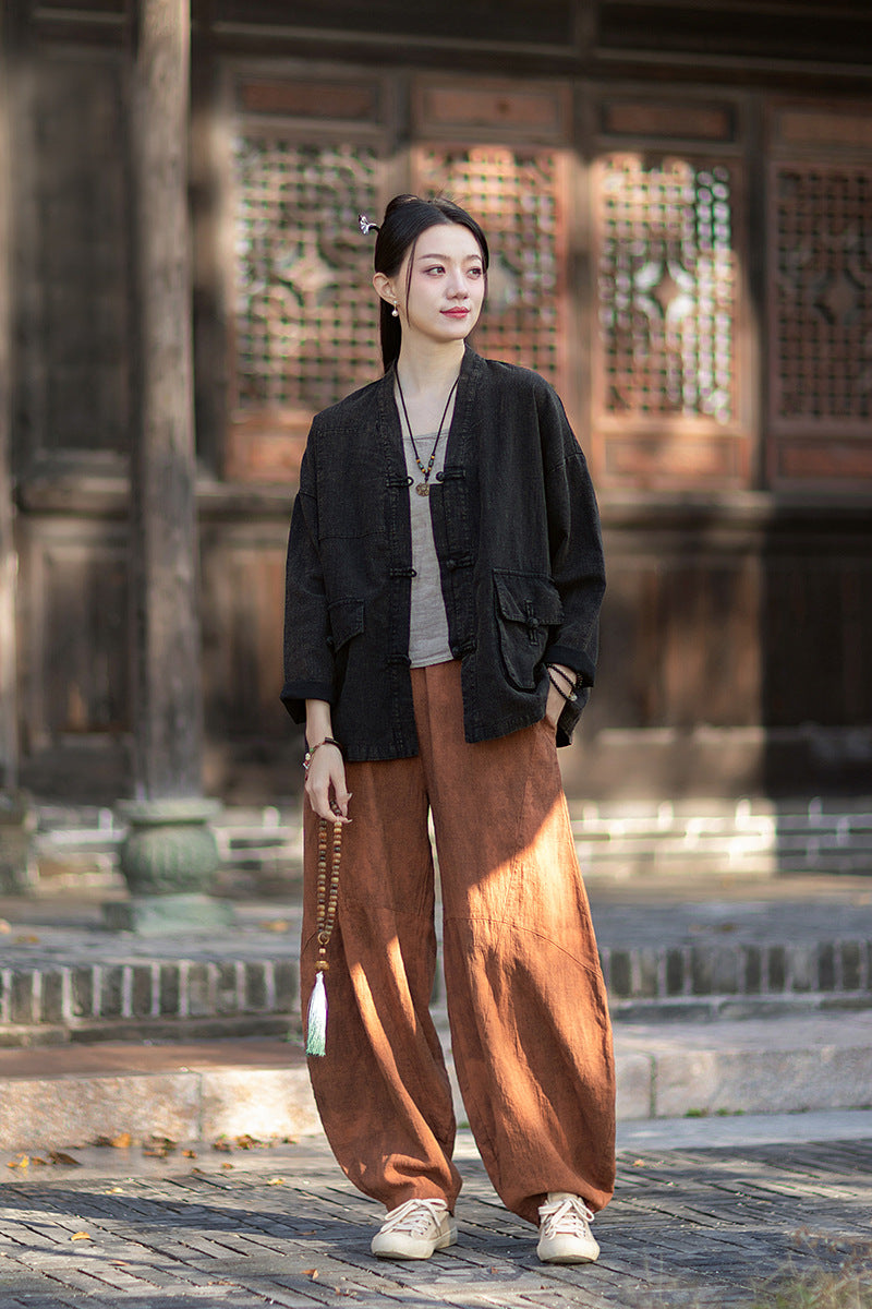 2026 Spring New Arrival: Vintage-inspired, distressed, sand-washed asymmetrical cardigan; niche-style patchwork V-neck cotton-linen jacket with button closures