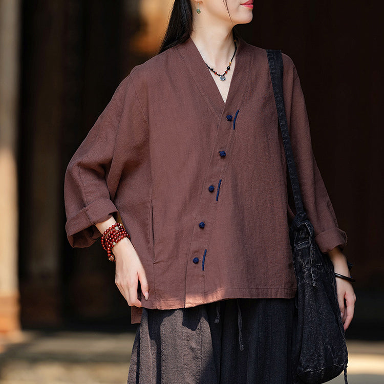 Women's Vintage Chinese Long Sleeve Cotton Linen Shirt with Embroidery V-Neck Loose Kimono 20240920