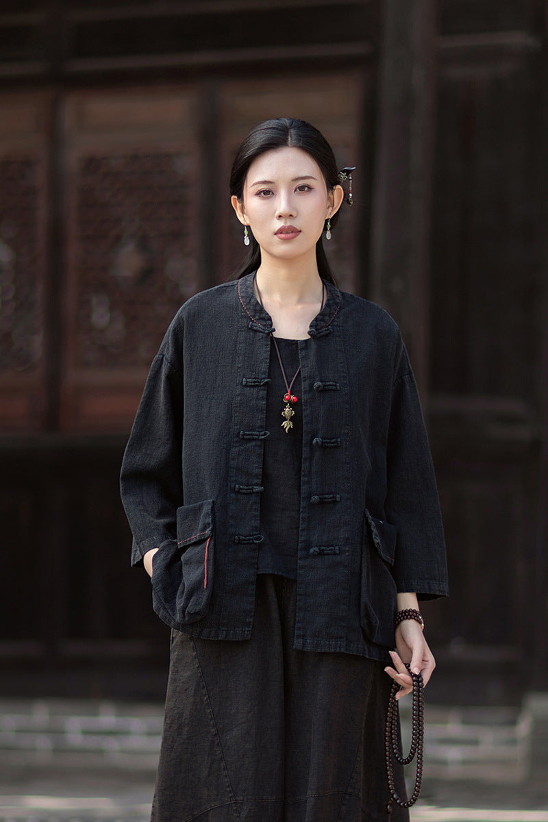 Summer New Arrival: Original Linen Hand-Knotted Button-Down Shirt with Large Pockets for Women – Vintage Distressed Jacket 20260511