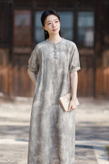 2026 Summer Ramie New Chinese-Style Modified Maxi Dress, French-Style Puffed-Sleeve Maxi Dress