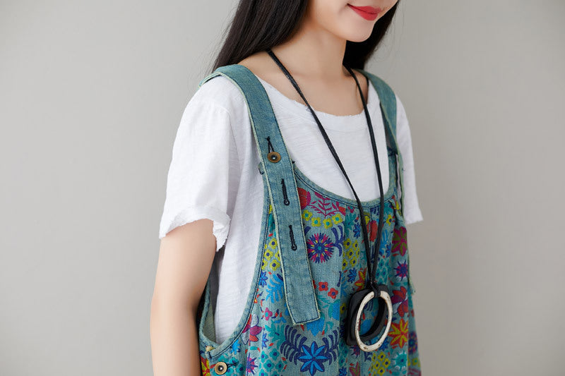 Printed floral stonewashed cotton overalls, women's denim washed overalls