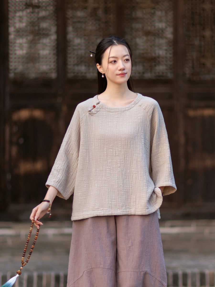2026 Spring New Arrival: Retro-Chic Cotton-Linen Women's Round-Neck Color-Blocked Button-Down Blouse, Pullover T-Shirt