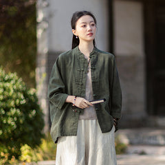 2026 Spring New Arrival: Original Cotton-Ramie Shirt for Women, Vintage Stand-Up Collar Ombré Chinese-Style Wrap-Front Cardigan