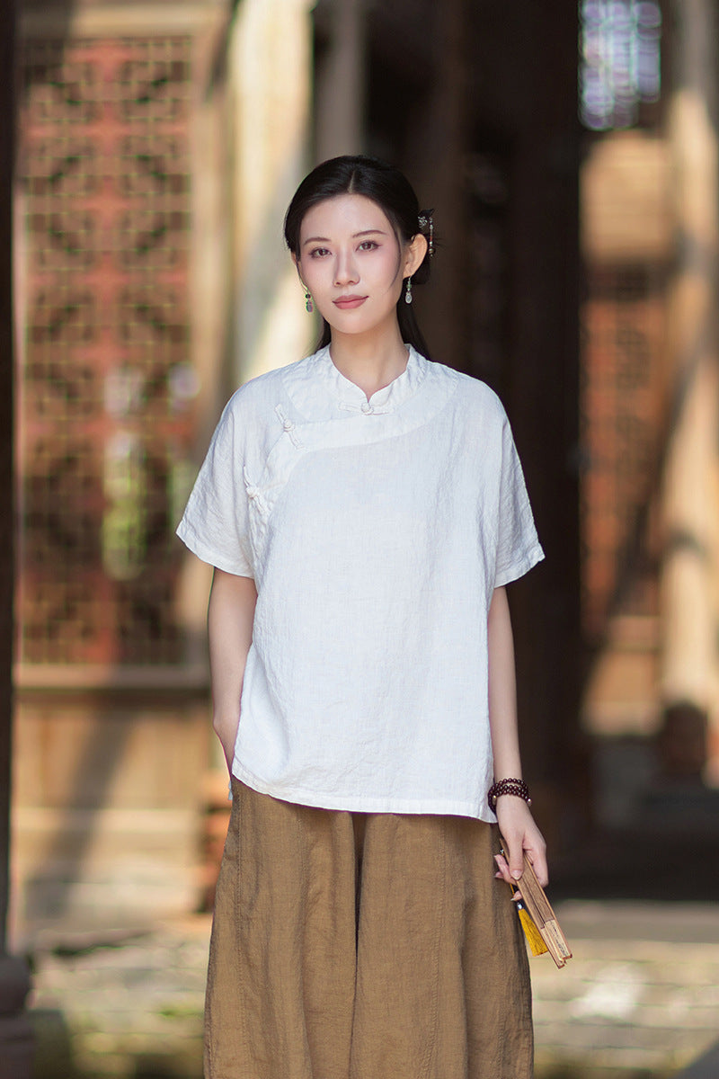 Women's Lightweight Linen Vintage-Style Summer Shirt, New Arrival: Zen-Inspired Stand-Up Collar with Button Closure 20260511