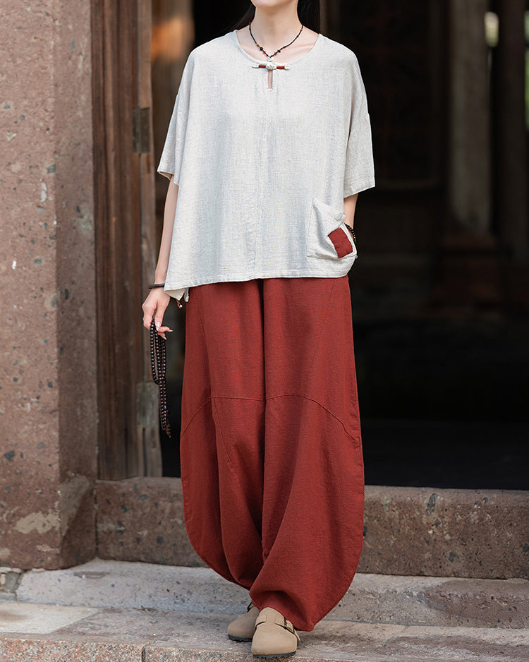 Frog button V-neck patchwork cotton  linen T-shirt, summer Chinese retro women sandwashed loose cotton  linen T-shirt 20240728