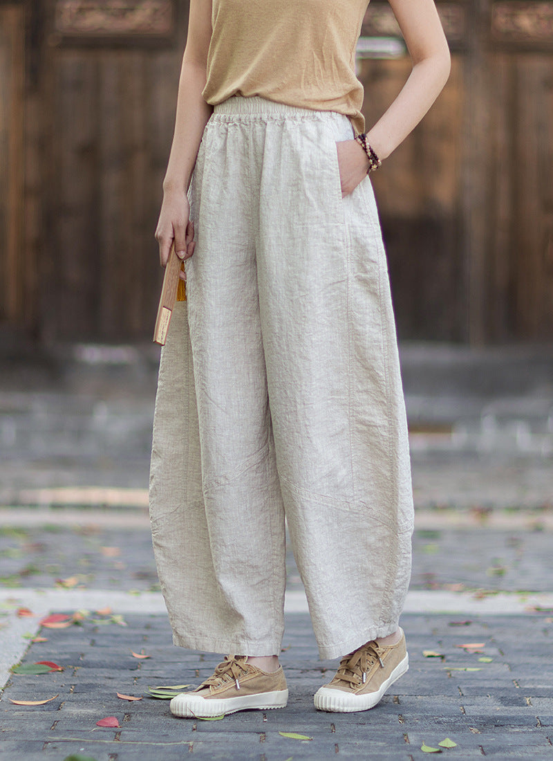 New Summer Arrival: Women's Artistic-Style Lightweight Linen Casual Pants with Elastic Waistband, Sandwashed, Distressed, Patchwork, and Cropped Bell-Bottom Design 20260511