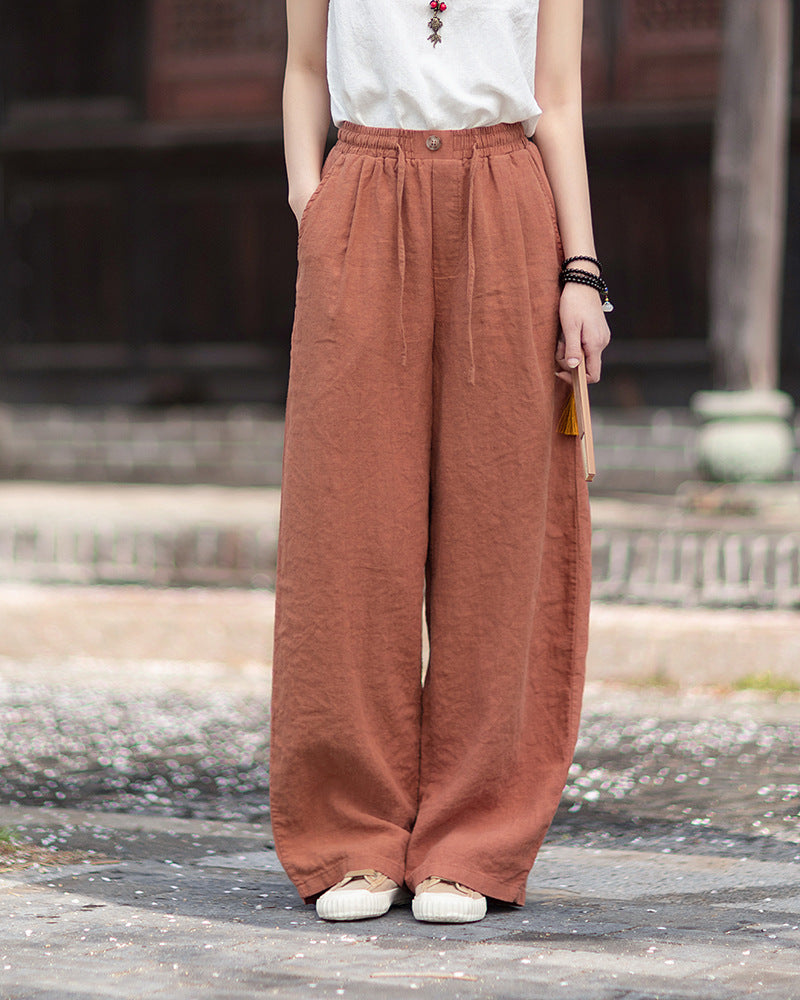 New Summer Collection: Women's Cotton-Linen Artistic and Versatile Casual Linen Pants with Drawstring Elastic Waist, Flowing Silhouette, and Slimming Straight Legs 20260511