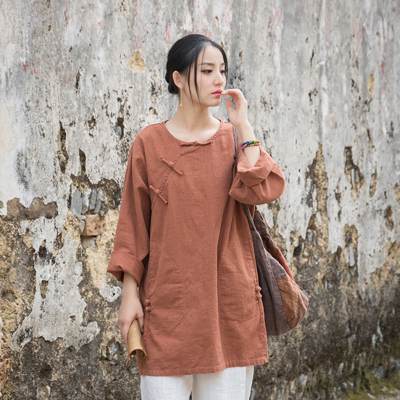 Vintage Summer Chinese Boat Collar Long Sleeve Shirt, Cotton  Linen Washed Frog Long T-Shirt 20250604