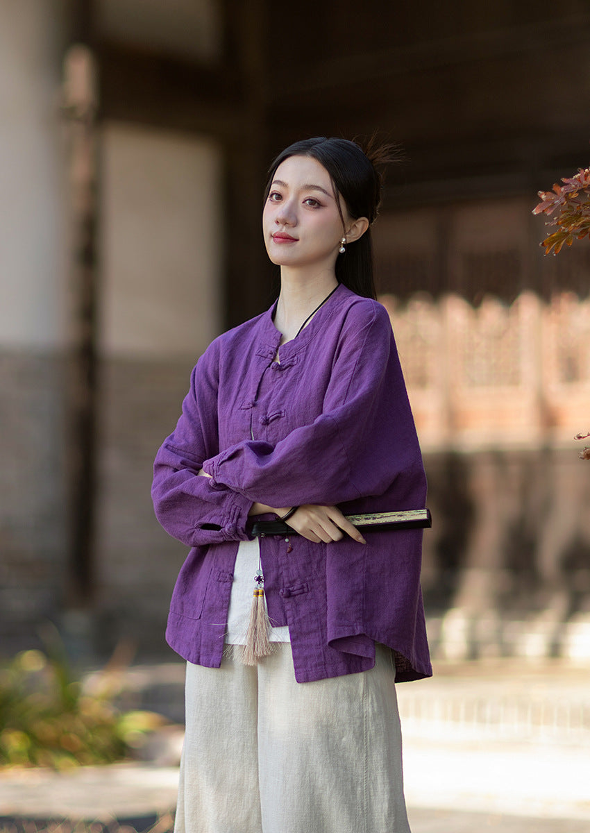 2026 New Arrival: Women's Long-Sleeve Cotton-Linen Blouse, Loose-Fit Chinese-Style Stand-Up Collar with Button-Down Front