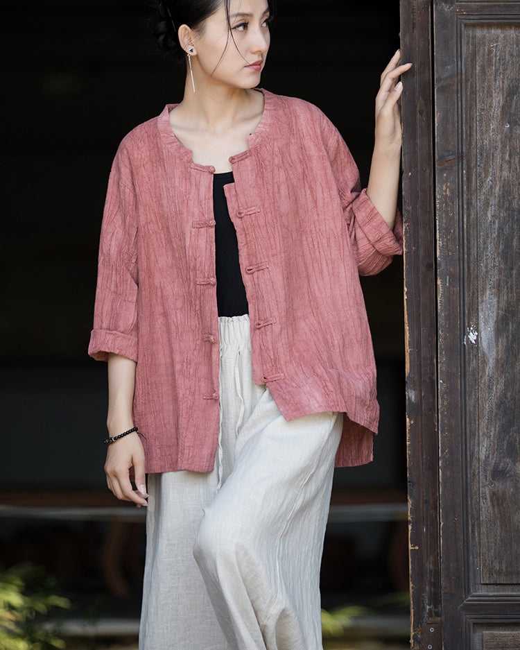 Summer cotton  Chinese stand-up collar shirt, sandwashed frog button women's long-sleeved shirt 20240714