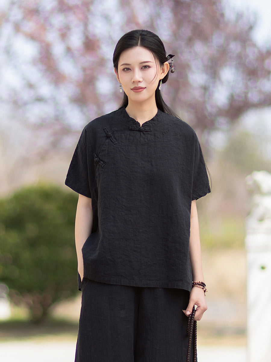 Women's Lightweight Linen Vintage-Style Summer Shirt, New Arrival: Zen-Inspired Stand-Up Collar with Button Closure 20260511