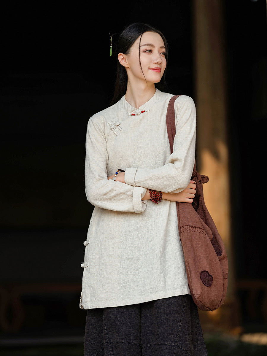 2026 Spring New Arrival: Retro Cotton-Linen Chinese-Style Stand-Collar, Color-Blocked, Button-Fastened, Wrap-Front Blouse for Women – Zen Tea Attire