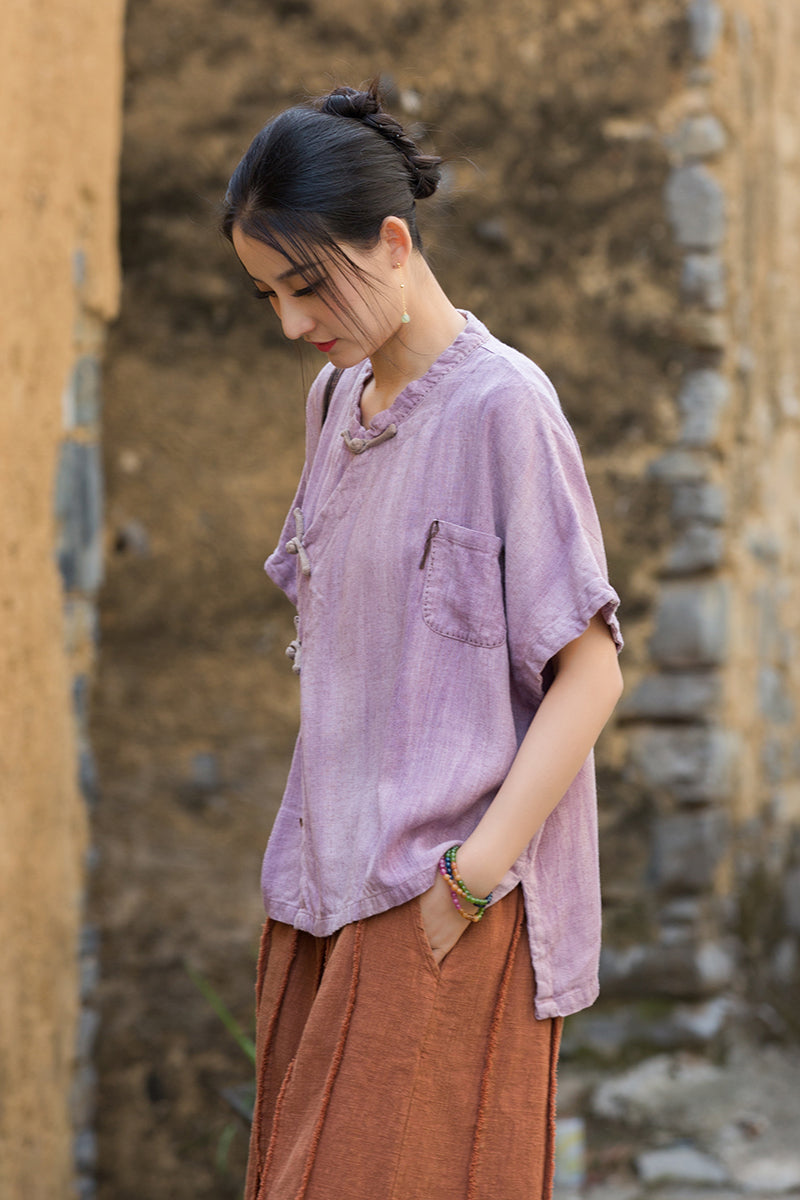 Women's Summer Chinese Short Sleeve Shirt, Vintage Cotton  Linen Casual Frog Button Shirt 20250604