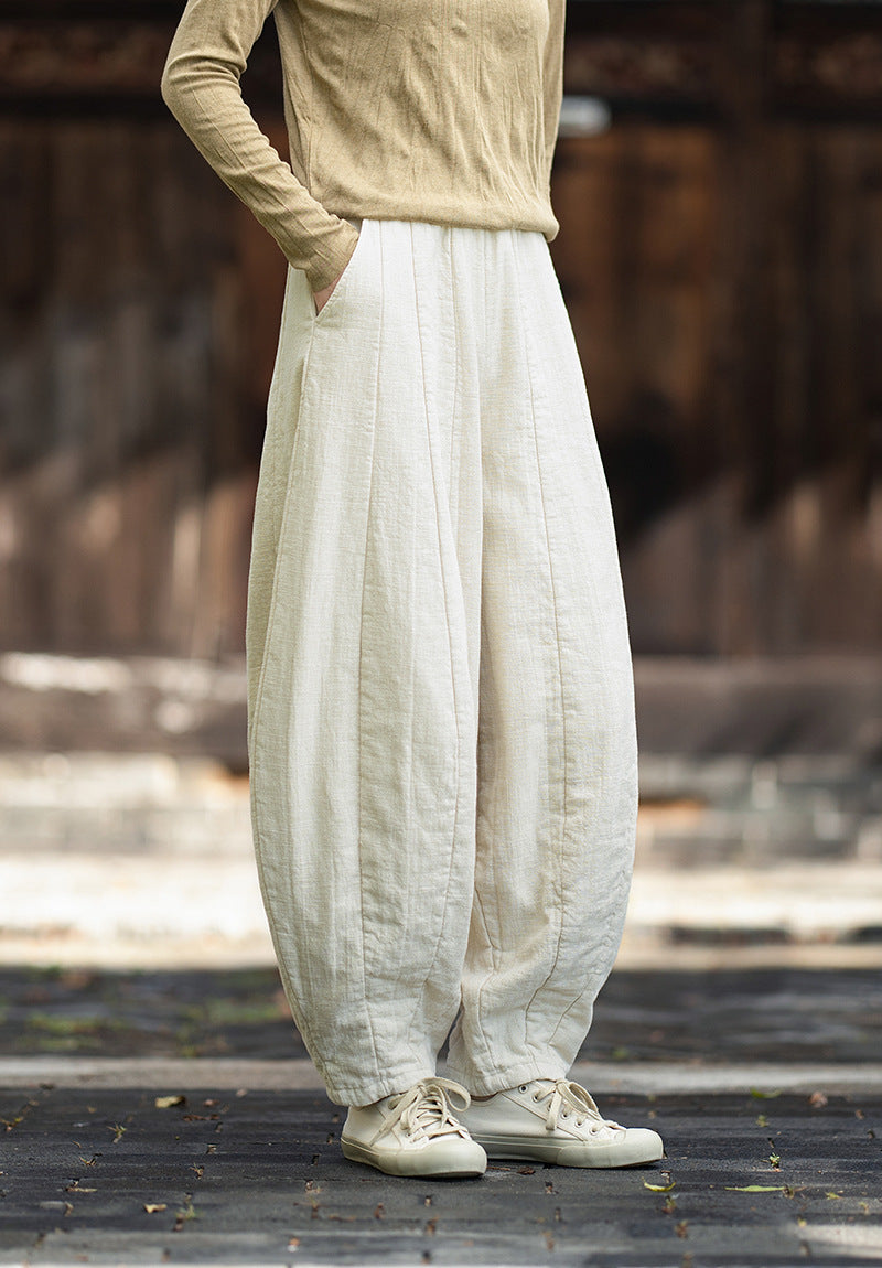 2026 Original New Arrival: Winter Ramie-Cotton Sandwashed Distressed Patchwork Pumpkin-Colored Women's Harem Pants