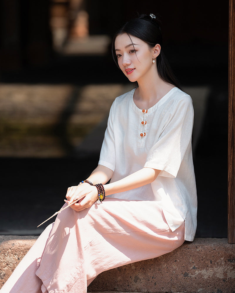 Frog Button Cotton  Linen Shirt, Summer Chinese Vintage Women Sandwashed Cotton  Linen T-shirt 20240728
