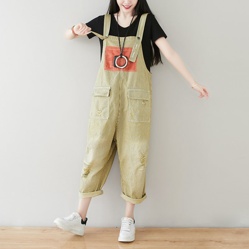 Cotton overalls, women's denim overalls, stonewashed loose overalls