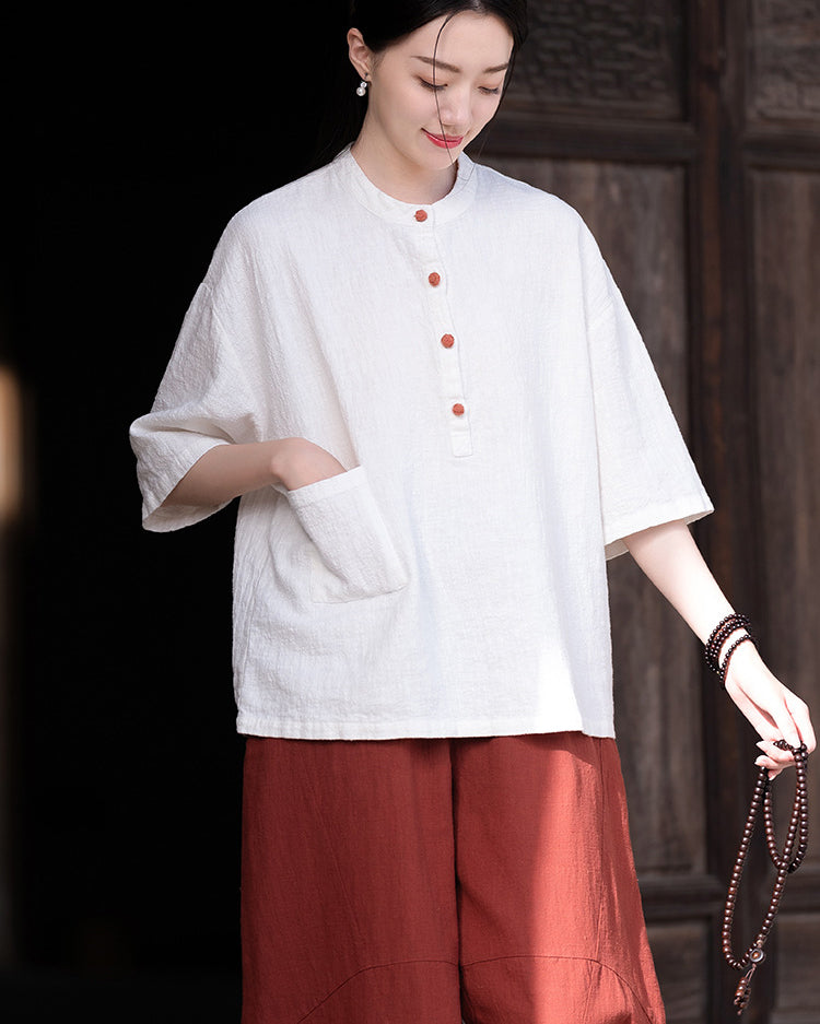 Original cotton  linen women's clothing, summer Chinese retro women's sandwashed cotton T-shirt 20240728
