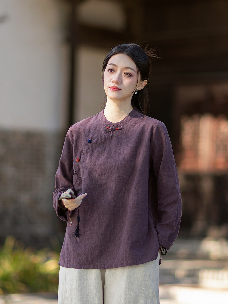 2026 Spring New Arrival: Original Cotton-Linen Women's Chinese-Style Stand-Collar Top, Tea Ceremony-Style Women's Diagonal-Placket Color-Blocked Button-Down Shirt