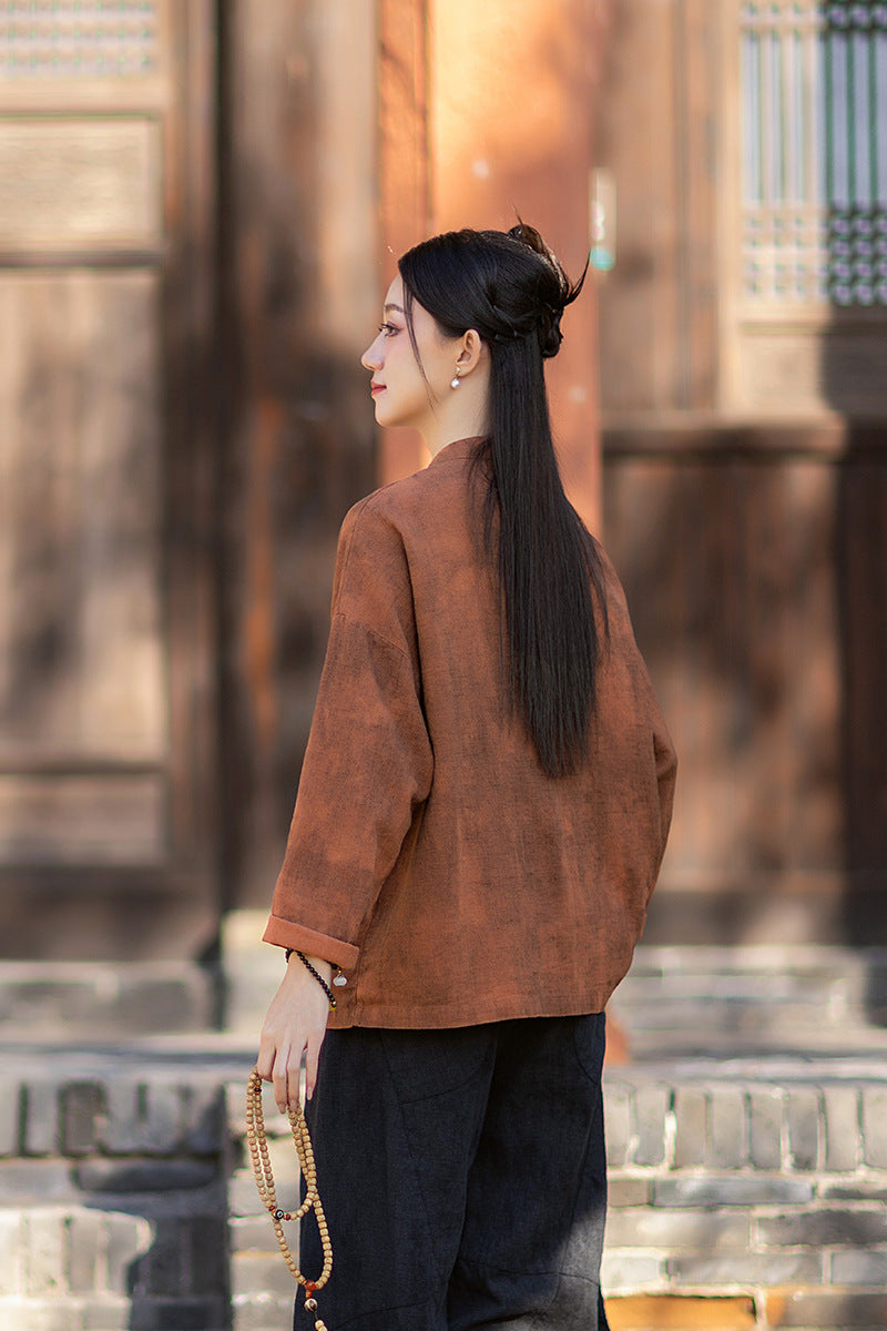 2026 Spring New Arrival: Chinese-Style Retro Double-Breasted Color-Blocked Button-Down Shirt, Women's Modernized Stand-Up Collar Ombre-Dye Tang-Style Cardigan