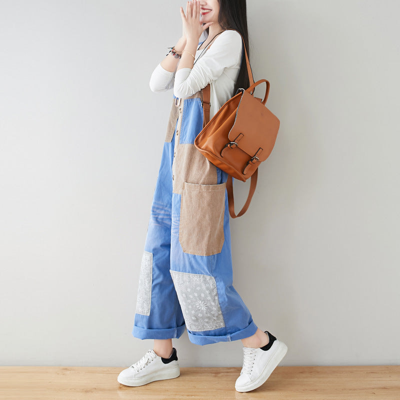 Patchwork cotton overalls, women's printed denim overalls, stonewashed loose overalls