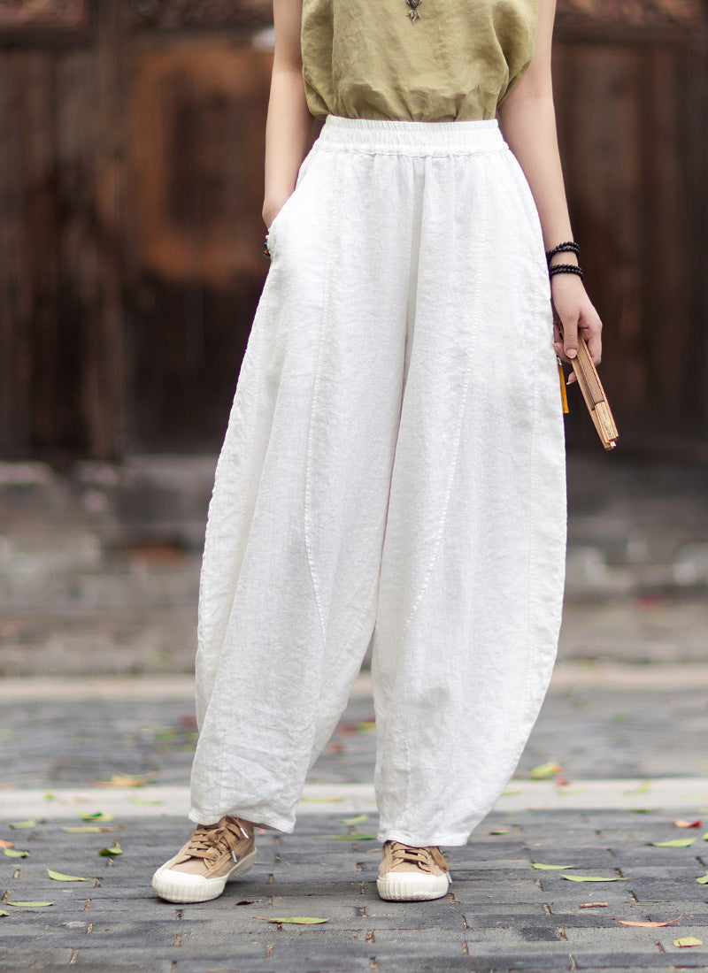 Women's Cotton-Linen Artistic Retro Loose Ramie Skirt-Pants – Versatile Relaxed-Fit Wide-Leg Pants with Elastic Waist – 20260511