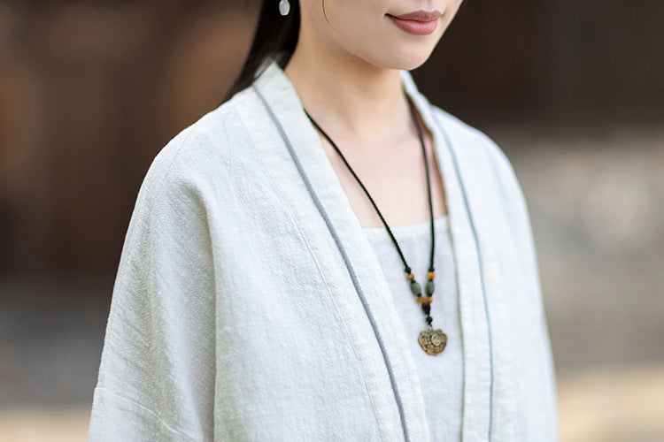 New Cotton-Linen Women's Vintage Zen-Inspired Ramie Tapered-Sleeve Tie-Front Cardigan, Loose-Fit Chinese-Style Jacket 20260511